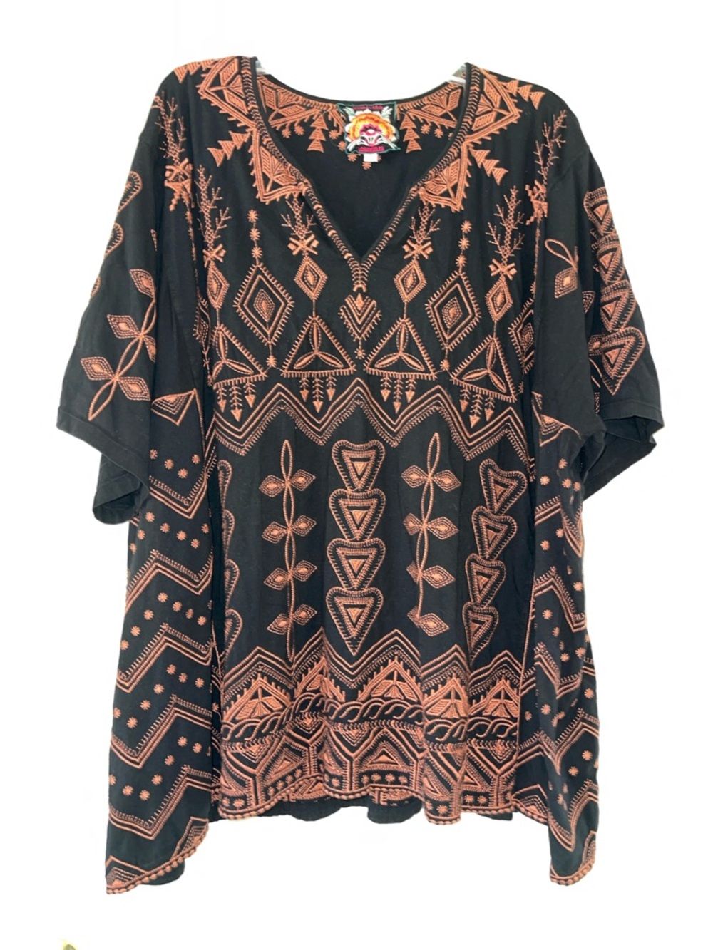 Johnny Was Black Tunic with Rust Geometric Embroidery